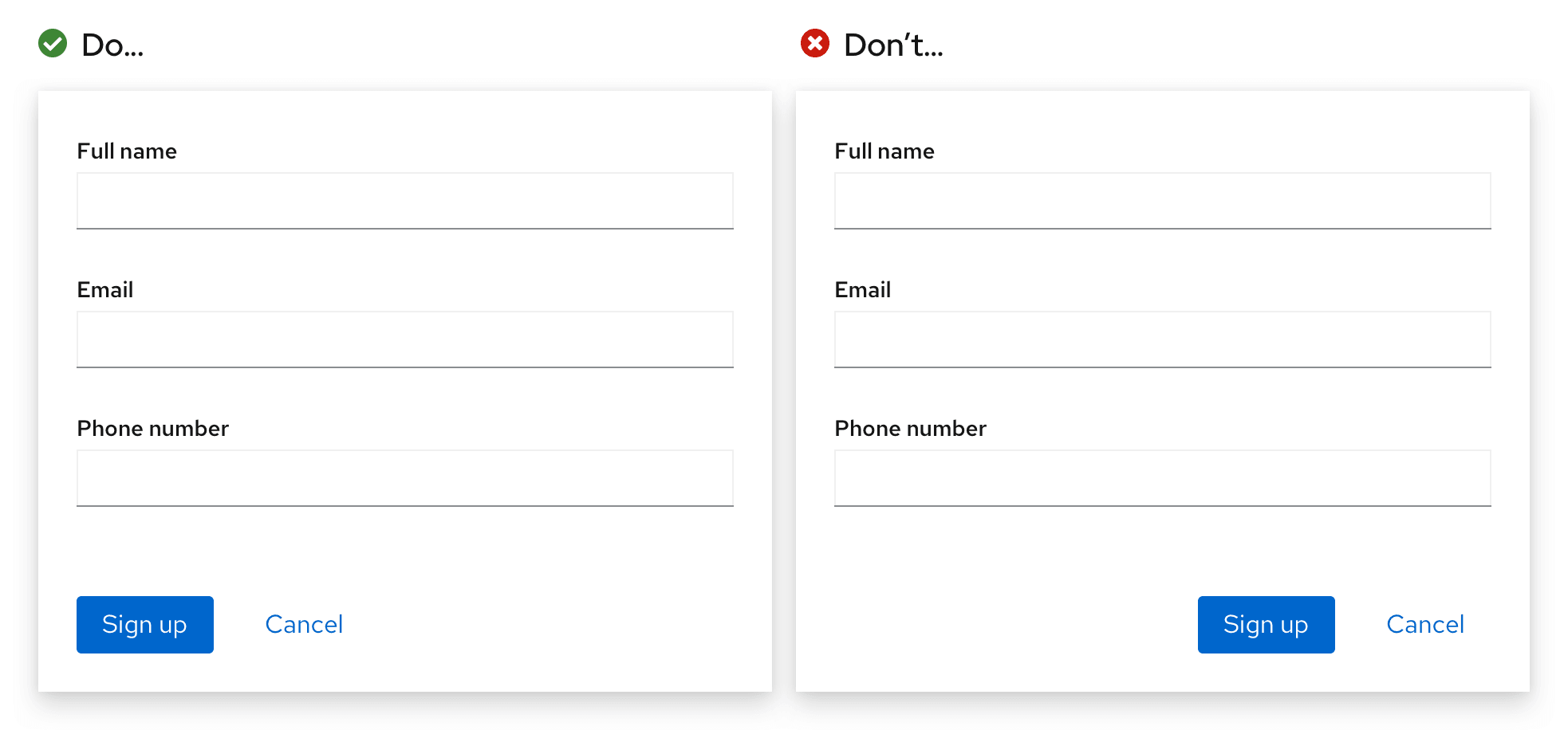 Examples of correct button placement and incorrect button placement in a form