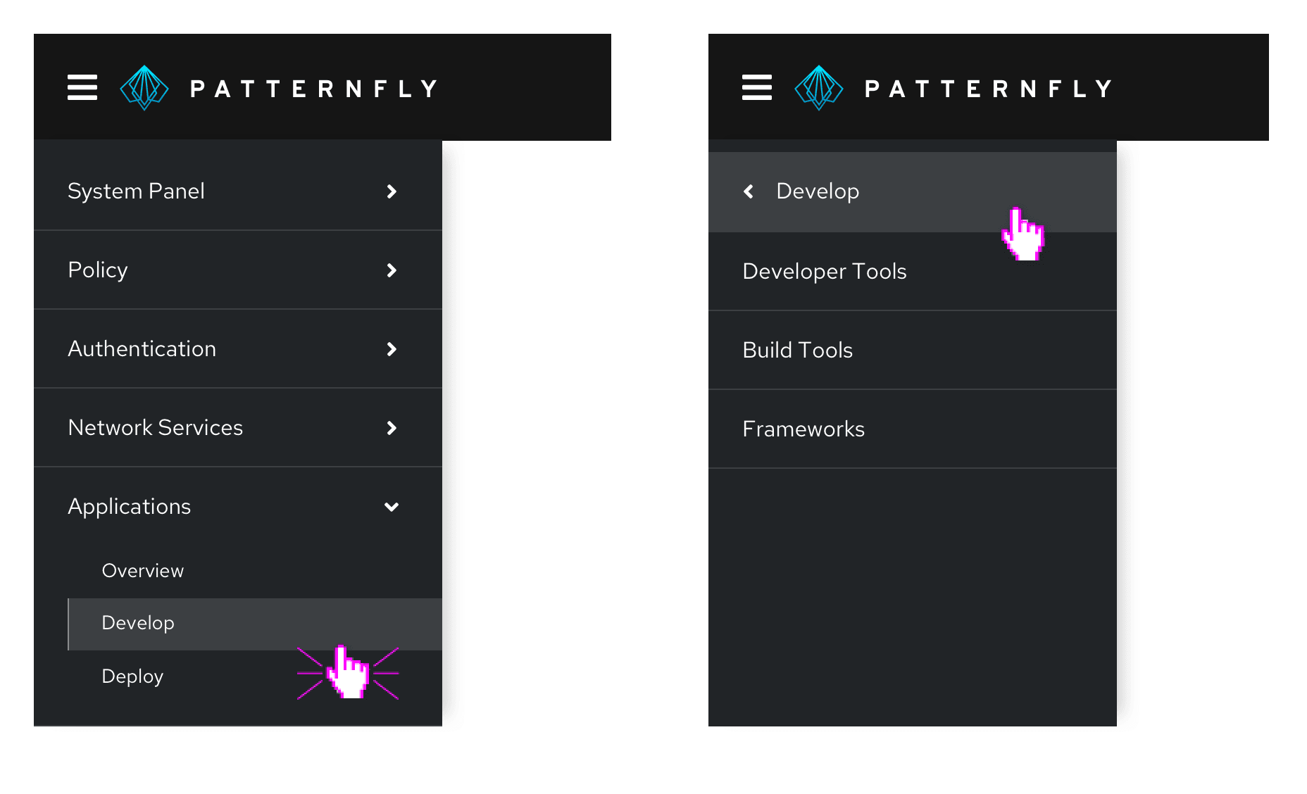 Example of composable navigation with expansion and drill-down menus