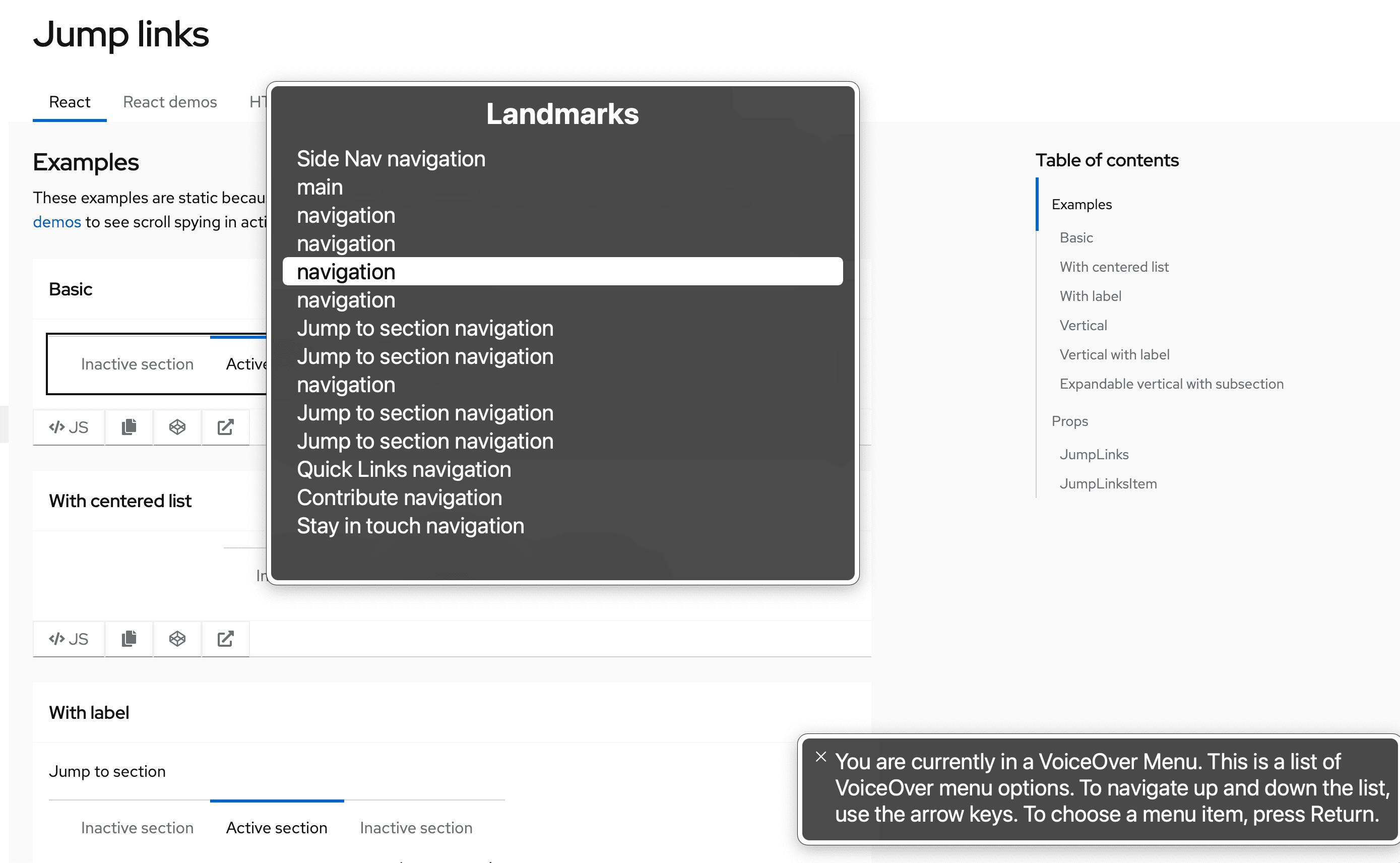 An example of VoiceOver's rotor menu interface which demonstrates that each navigation element is indistinguishable from the others without aria-labels.