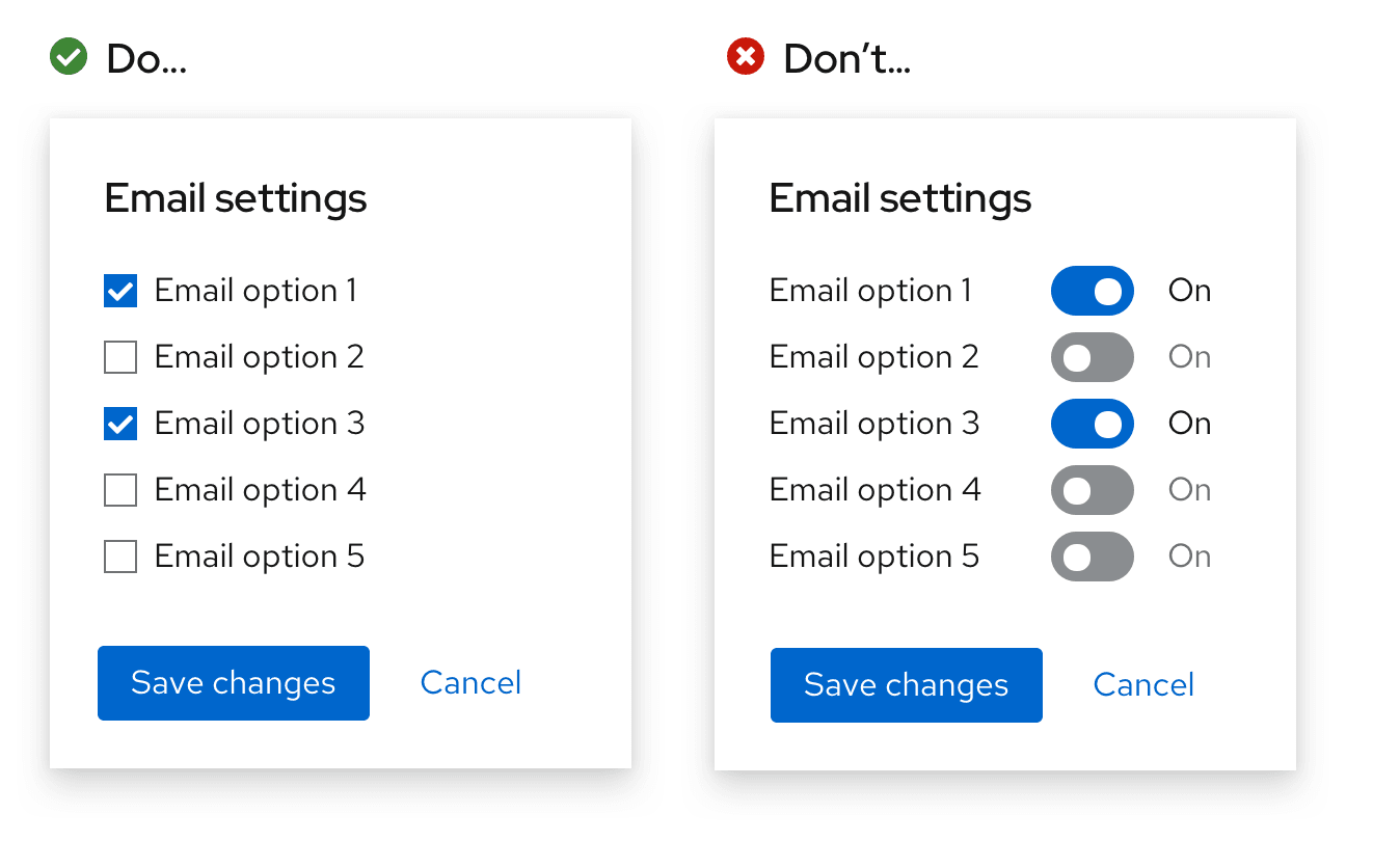 Example 1 of do's and don'ts for using a checkbox vs. a switch