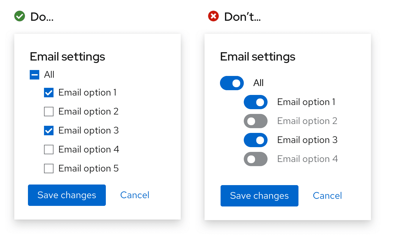 Example 3 of do's and don'ts for using a checkbox vs. a switch