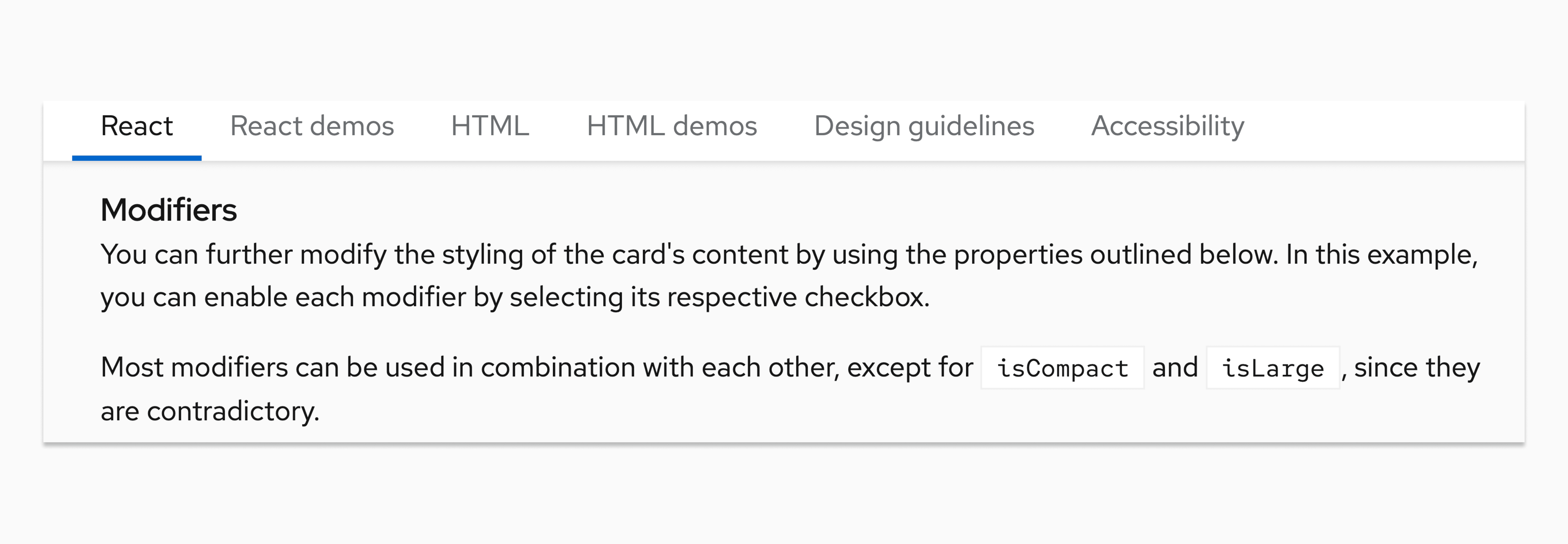 Component documentation showing sentence case copy and capitalization styling for code.