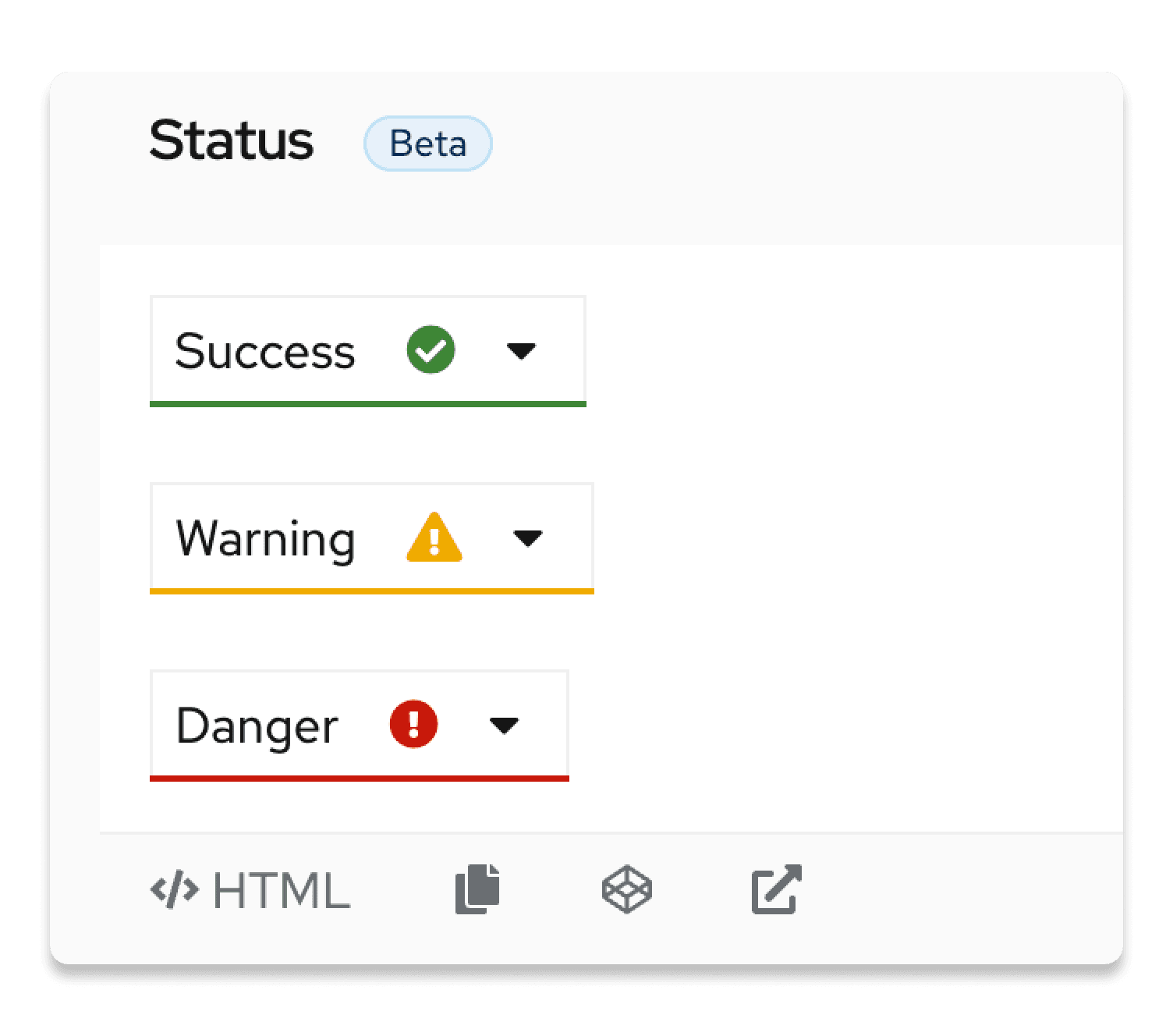 Menu toggles with success, warning, and danger status indicators.