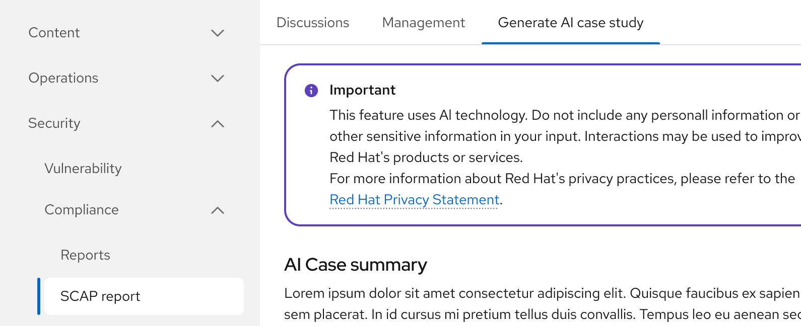 example Inline alert warning component shown above an AI case summary within a security application, with "Compliance case uses AI. Check for mistakes..." guidance