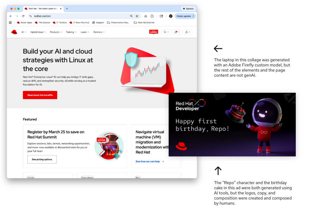 example Example: Desktop view of redhat.com showing an AI-generated laptop image, and Red Hat Developer ad with an AI-generated image of the "Repo" character with the birthday cake.