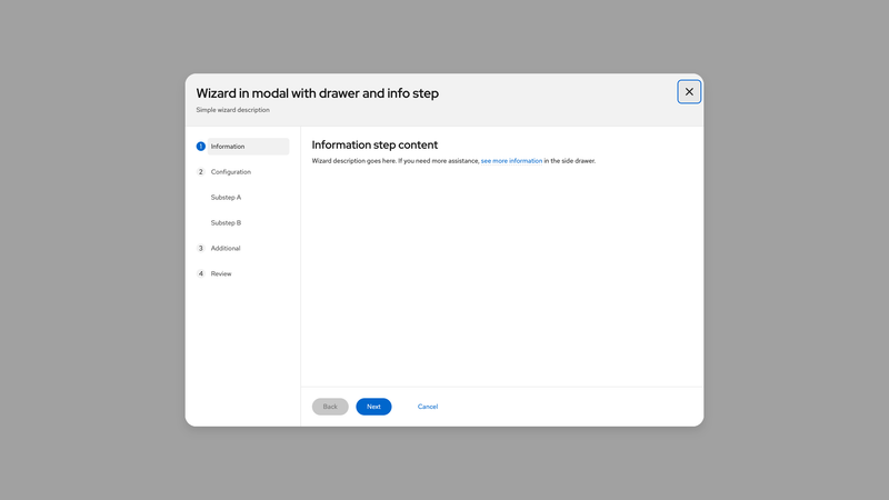 In modal, with drawer and informational step screenshot