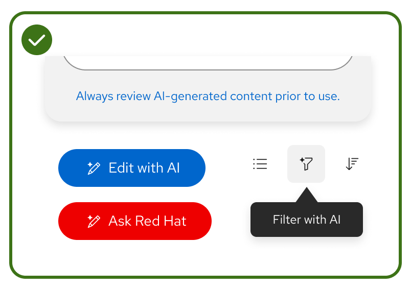 do Example including "Edit with AI" and "Ask Red Hat" buttons and an AI filter icon button all matching the expected UI colors