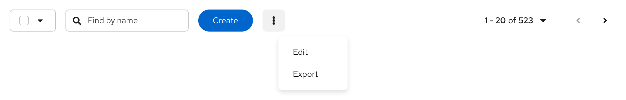 Post-overflow menu in toolbar, where toolbar has become smaller in width, prompting an overflow menu for secondary actions, while primary button persists in the toolbar itself