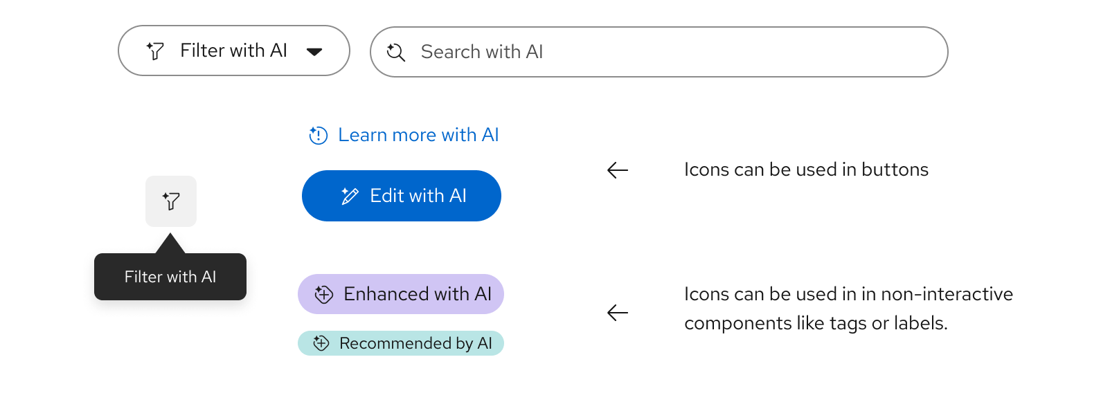 do Examples of the AI sparkle within different UI icons throughout the user interface, like an edit button, filters with AI dropdown, and a search with AI input.