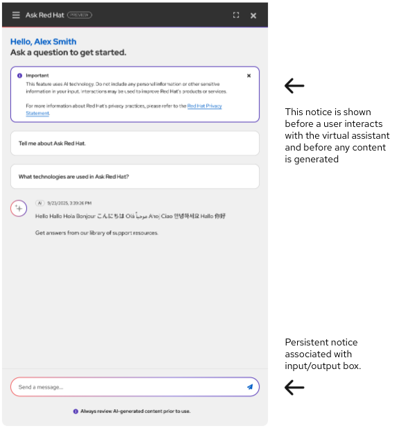 example Ask Red Hat virtual assistant with an alert info component giving notice before the user interacts, with a persistent notice associated with the input/output box