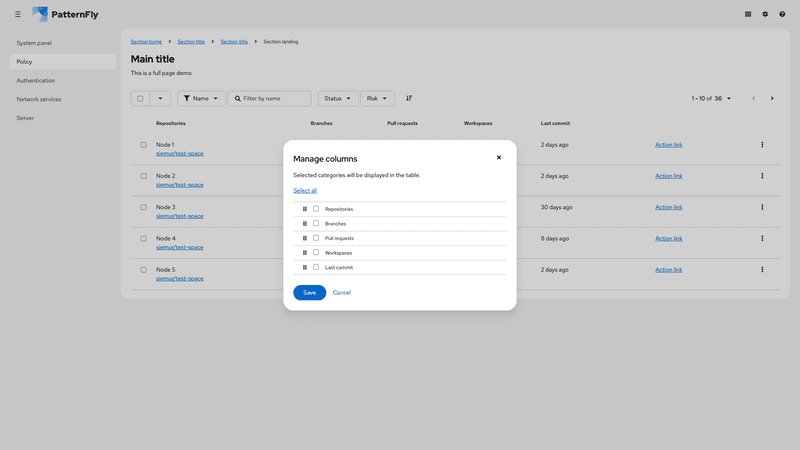 Column management modal screenshot