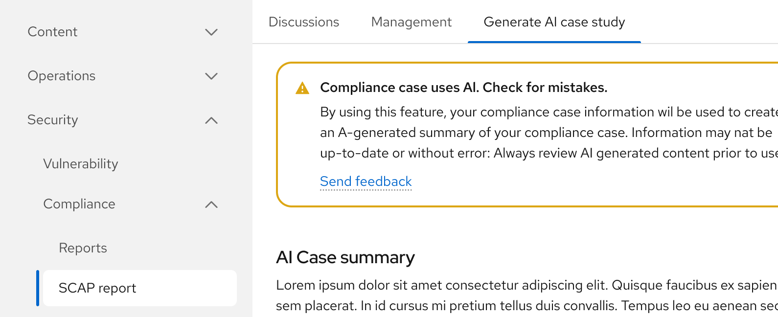 example Inline alert info component shown above an AI case summary within a security application, with "Important. This feature uses AI technology..." guidance