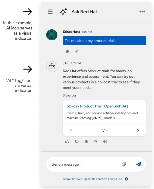 example Ask Red Hat virtual assistant with the AI icon in the header bar as a visual indicator, and the AI tag/label as a verbal indicator