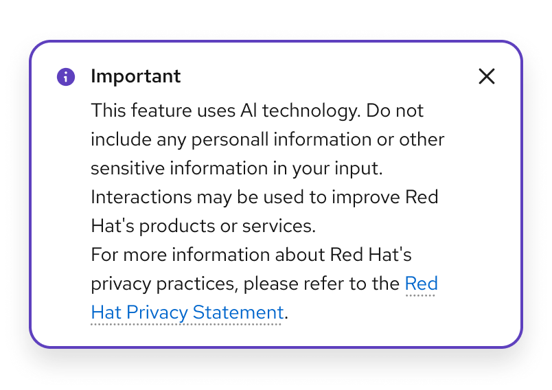 example Toast alert info component with "Important. This feature uses AI technology. Do not include any personal information..." guidance
