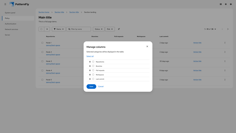 Column management modal screenshot