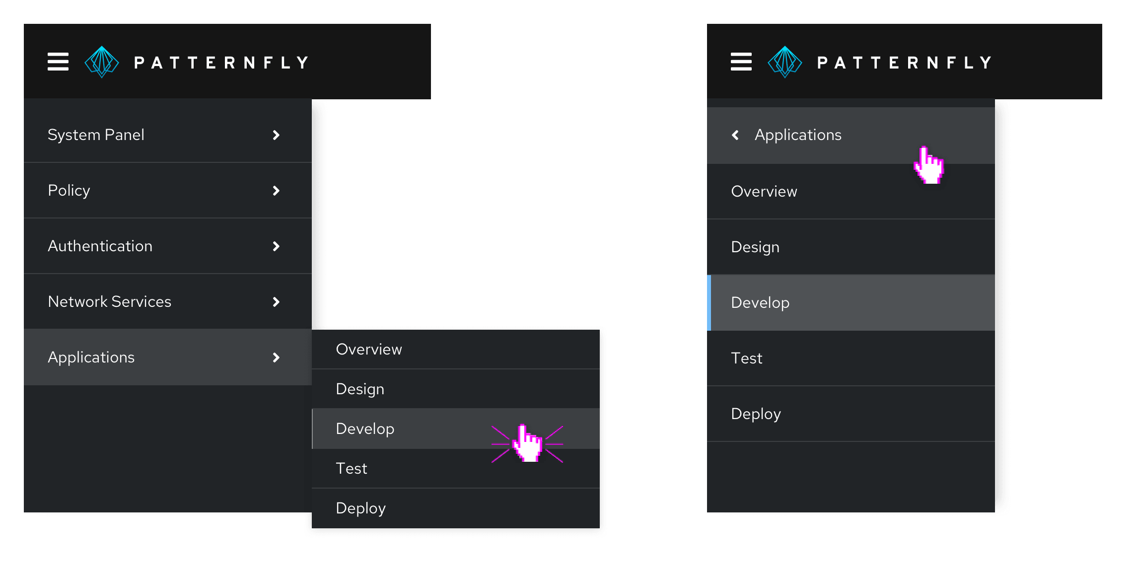 Example of composable navigation with fly-out and drill-down menus