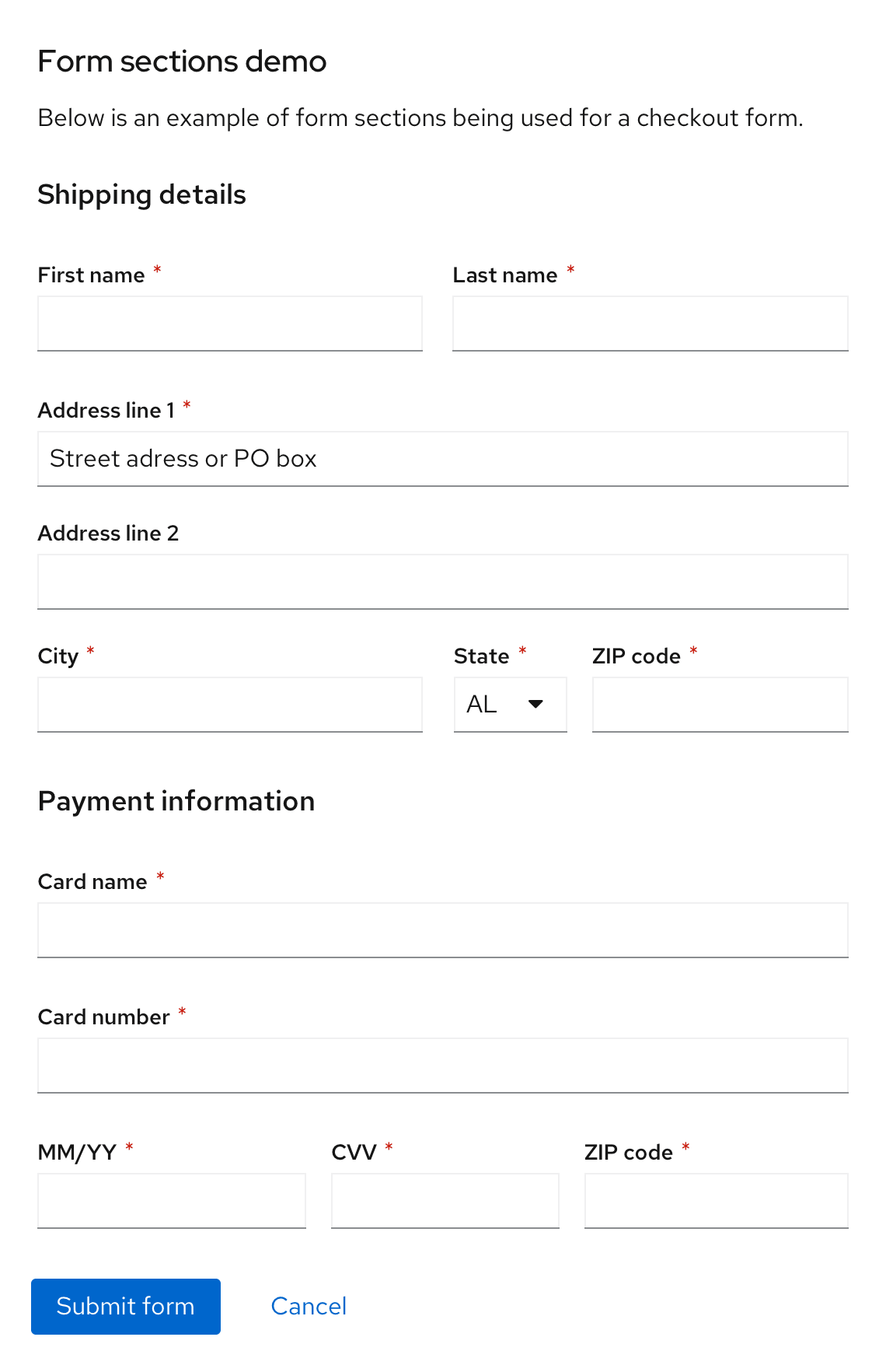 Example of form sections used to separate out a form.