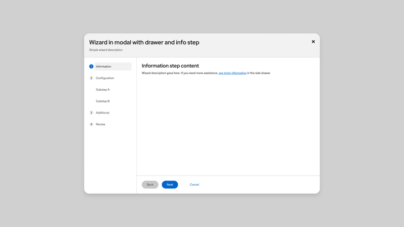 In modal, with drawer and informational step screenshot