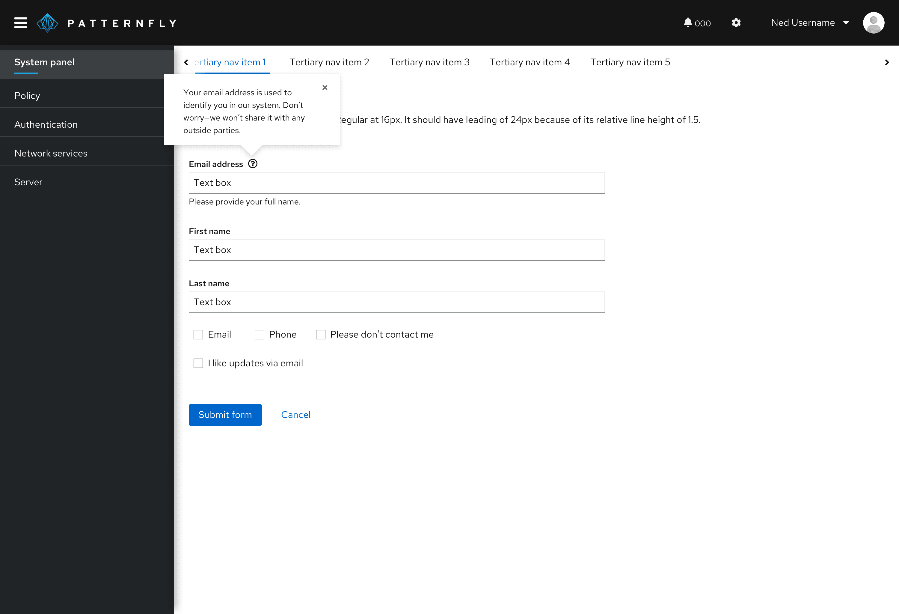 popover for an email address form field explaining what the email address is used for