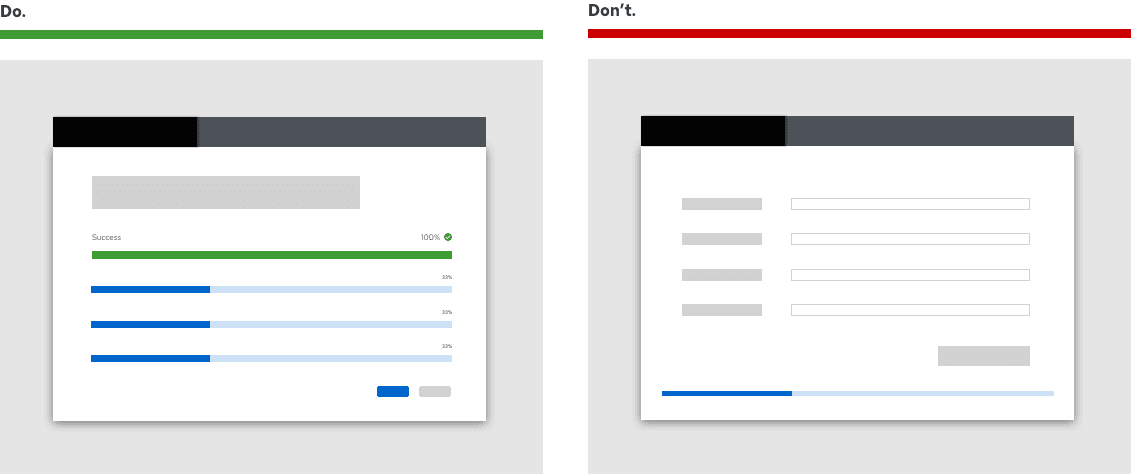 A visual example of how to successfully place a progress bar in your designs, side by side with an example of unsuccessful placement. Never isolate a progress bar above, below, or outside of its corresponding content view — always align it with its relevant content.