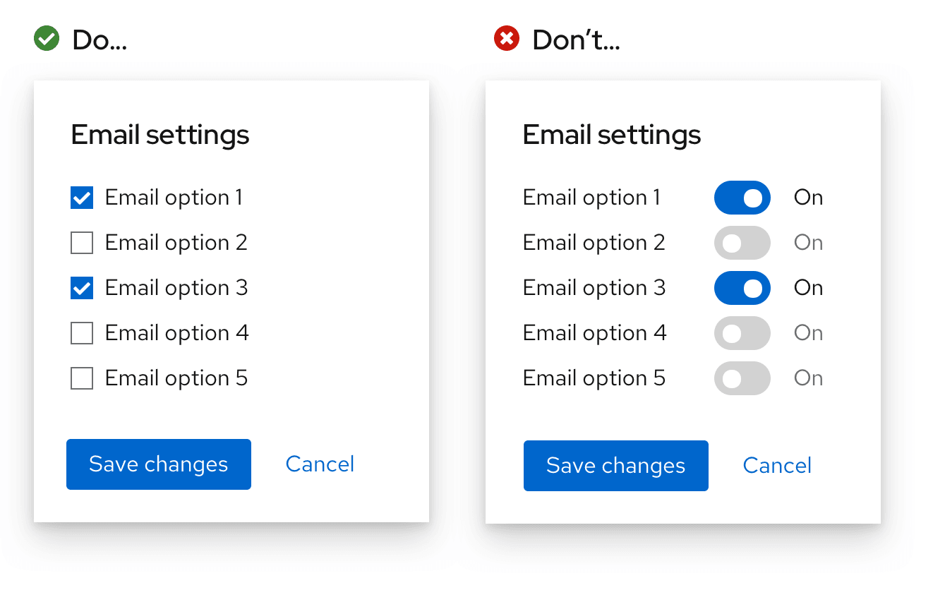 Example 1 of do and don'ts for checkbox vs switch usee 