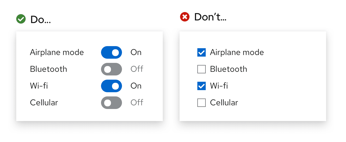Example 2 of do's and don'ts for using a checkbox vs. a switch