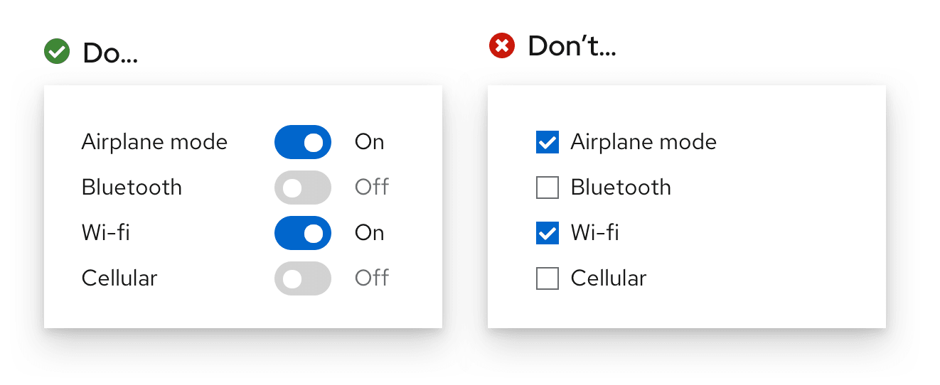Example 2 of do and don'ts for checkbox vs switch usee 