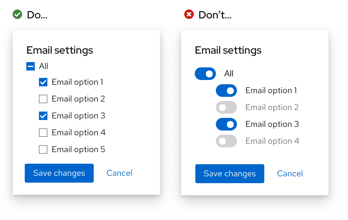 Example 3 of do and don'ts for checkbox vs switch usee 
