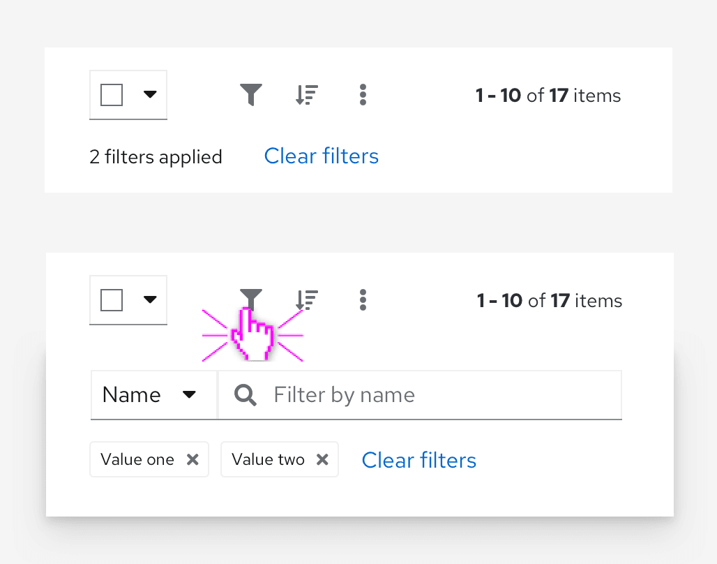 toolbar with filters hidden in a toggle group