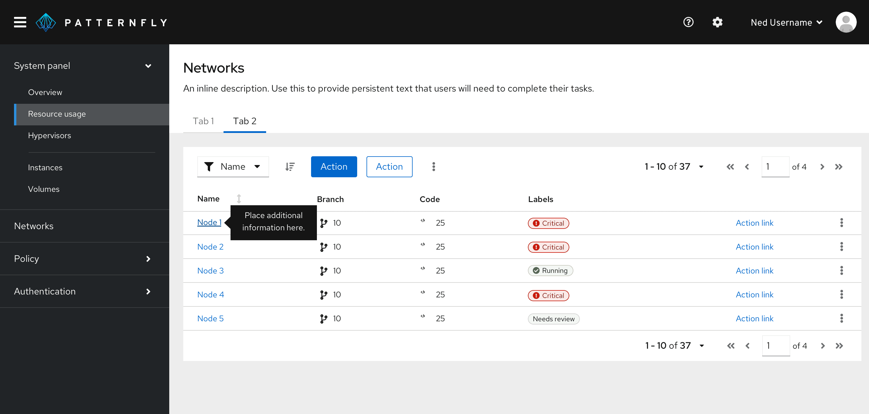 table with tooltip on clickable text to provide more information